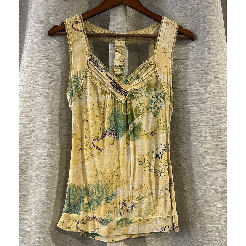 American Rag Shirt Womens L Yellow Floral Open Back Sleeveless Boho Tank Tee Y2K